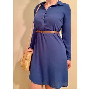 Long Sleeve, Button Up Cobalt Dress with Belt